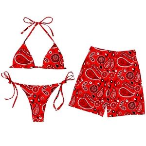Couples Red Paisley Swimsuit Bikini Trunks and 2Pc Bikini Red. New. Pictured.